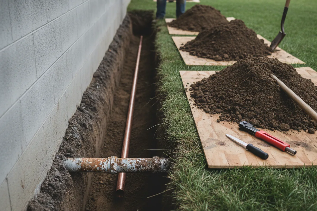 Excavated water line trench during Water Softener Installation in Conneaut Lake